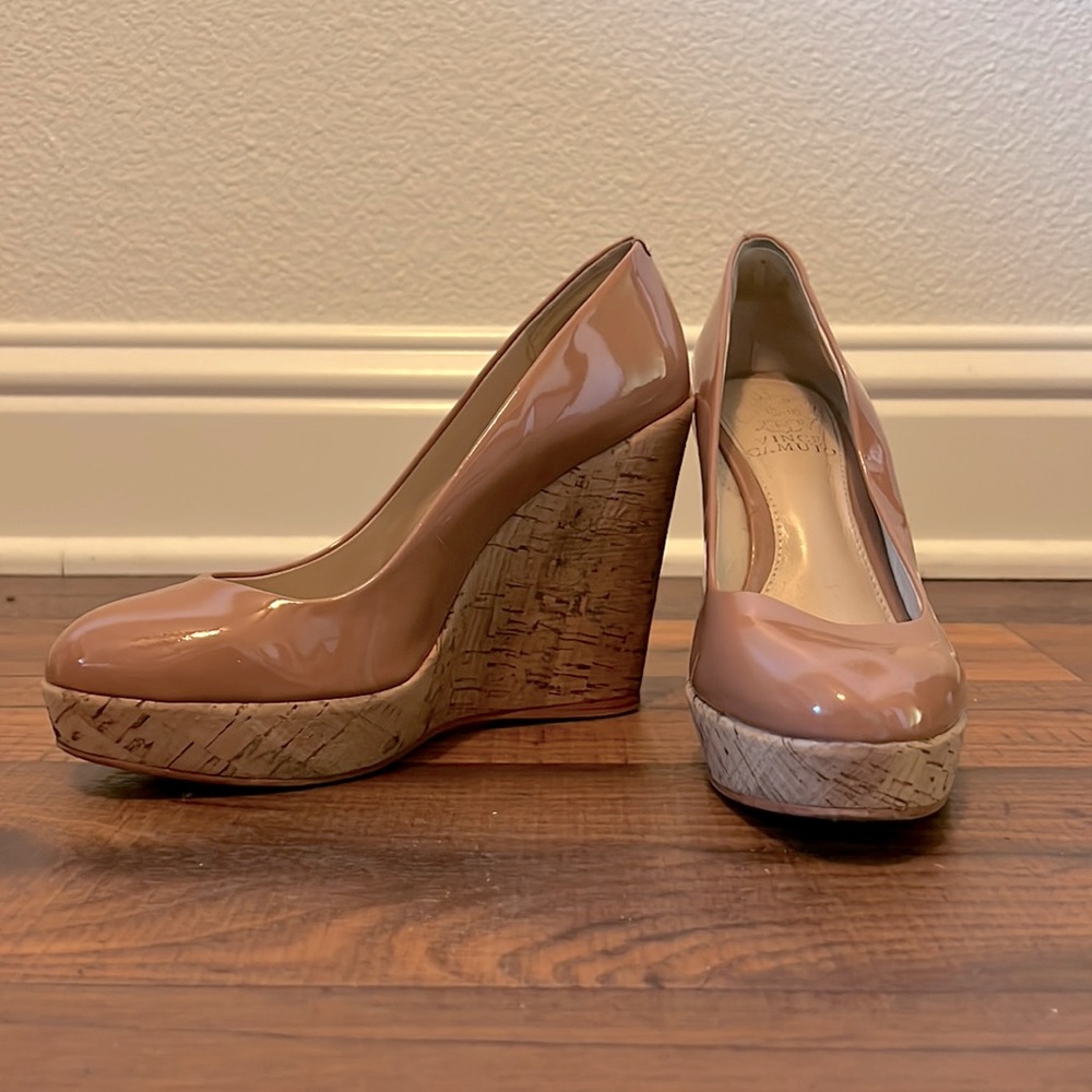 Vince Camuto Patent Leather and Cork Heel Wedges
